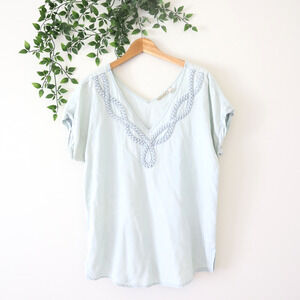 Holding Horses Anthropologie Blue V Neck Braided Trim Lyocell Top Size Small